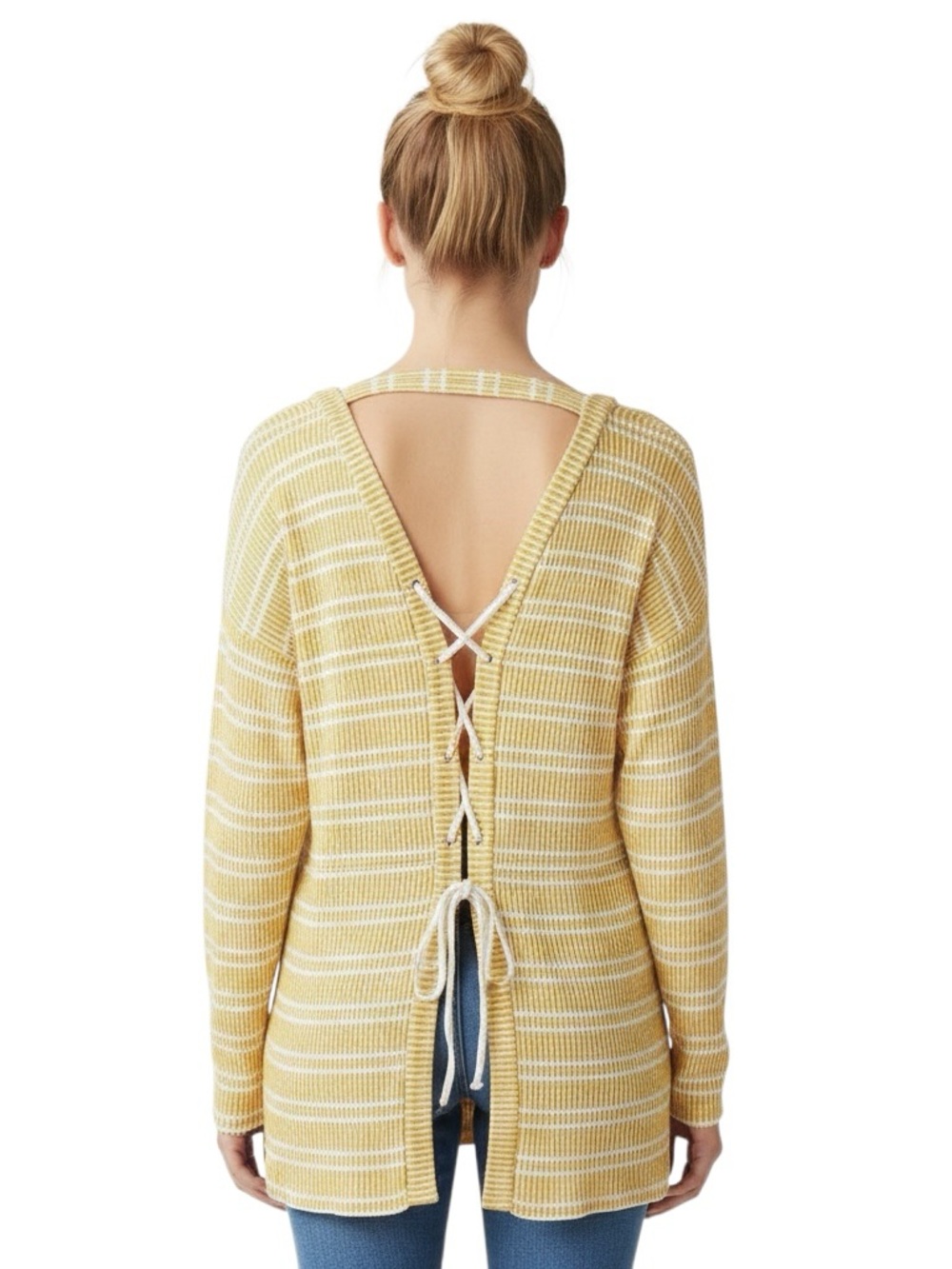 DAYTRIP: Yellow & White Long Sleeve  Lace-Up Open Back Shirt -Size Large